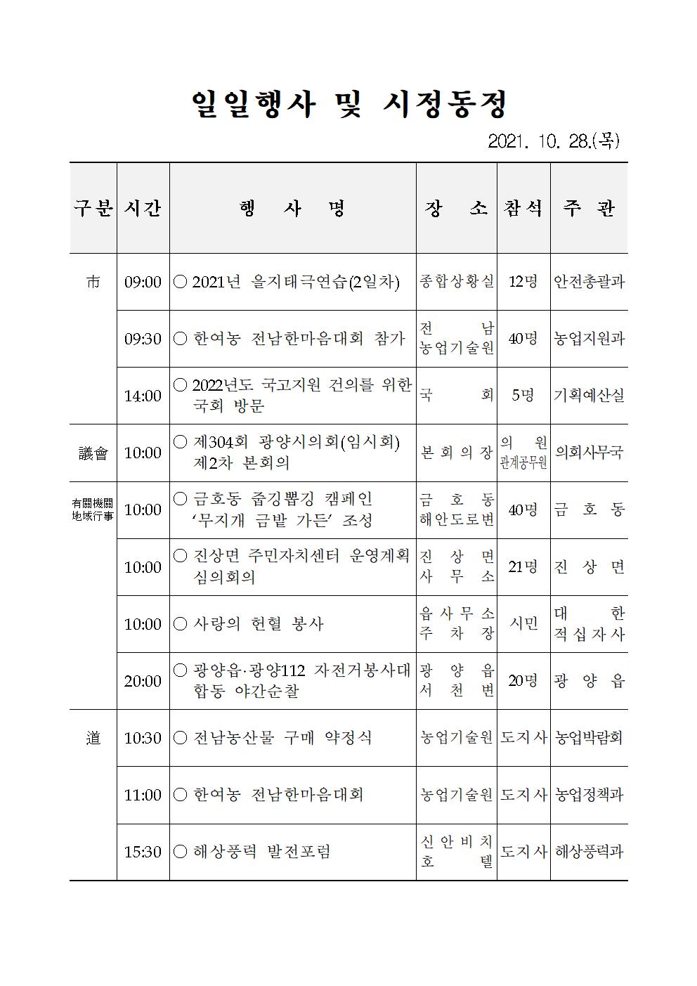 일일행사[2021년 10월 28일(목) 및 예정행사]