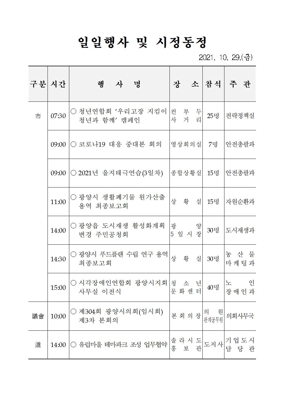 일일행사[2021년 10월 29일(금) 및 예정행사]