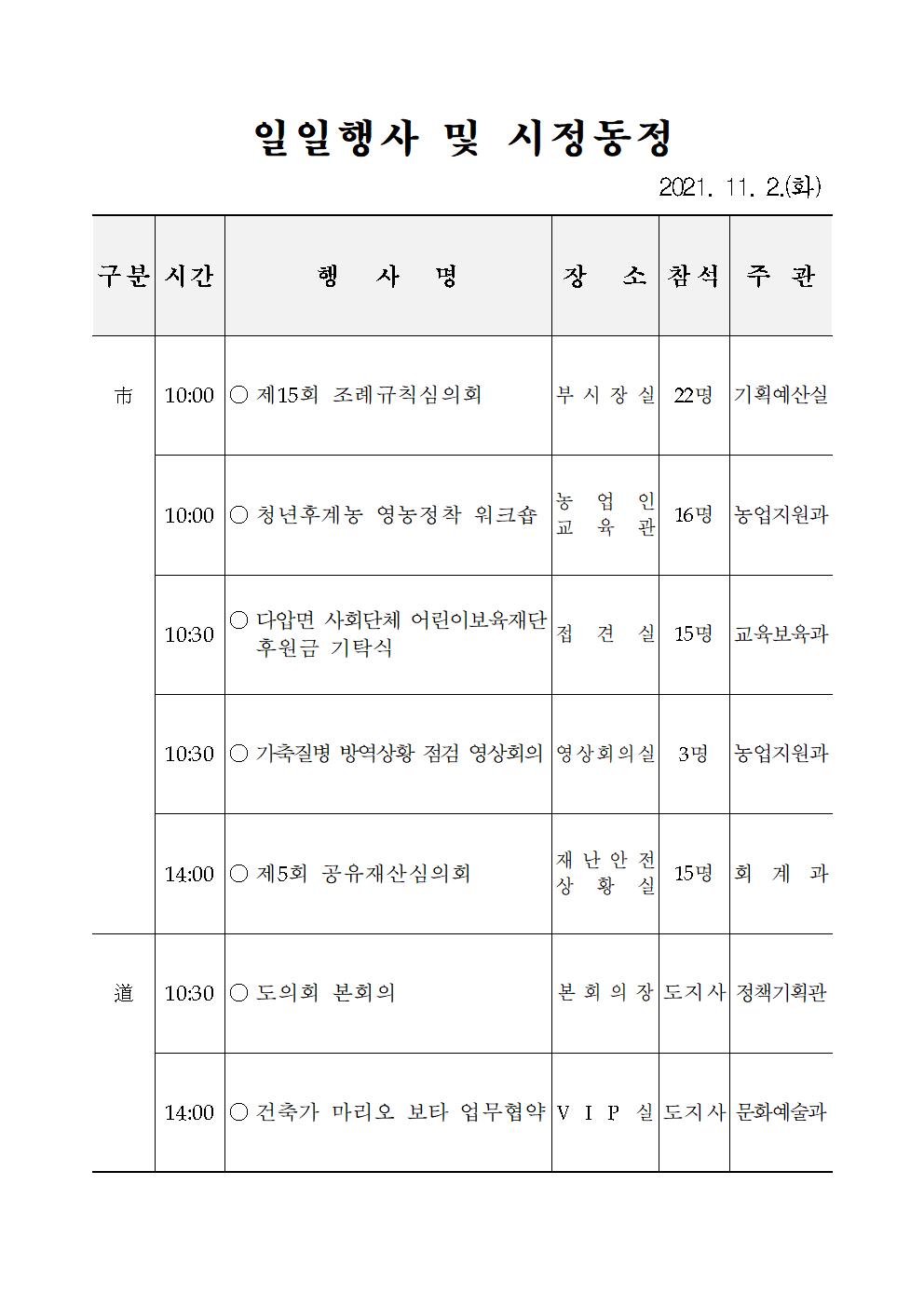 일일행사[2021년 11월 2일(화) 및 예정행사]