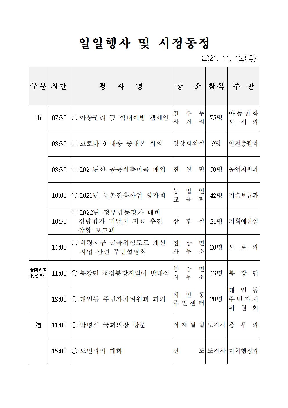 일일행사[2021년 11월 12일(금) 및 예정행사]