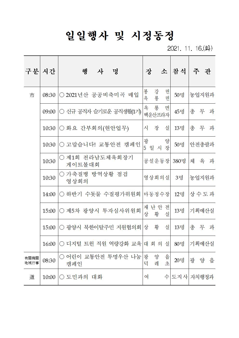 일일행사[2021년 11월 16일(화) 및 예정행사]