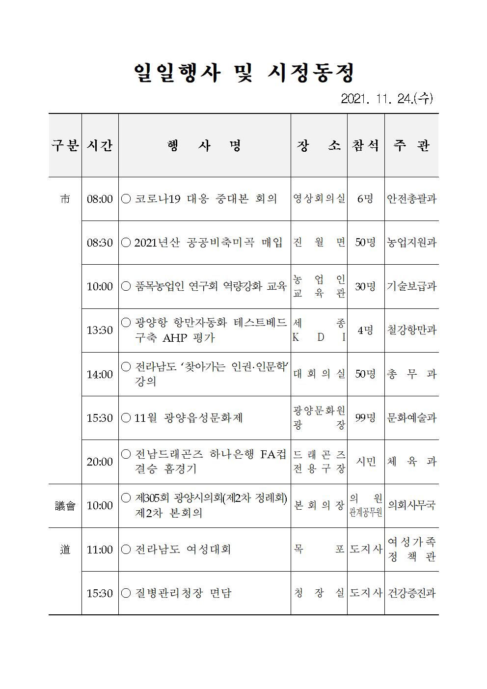 일일행사[2021년 11월 24일(수) 및 예정행사]