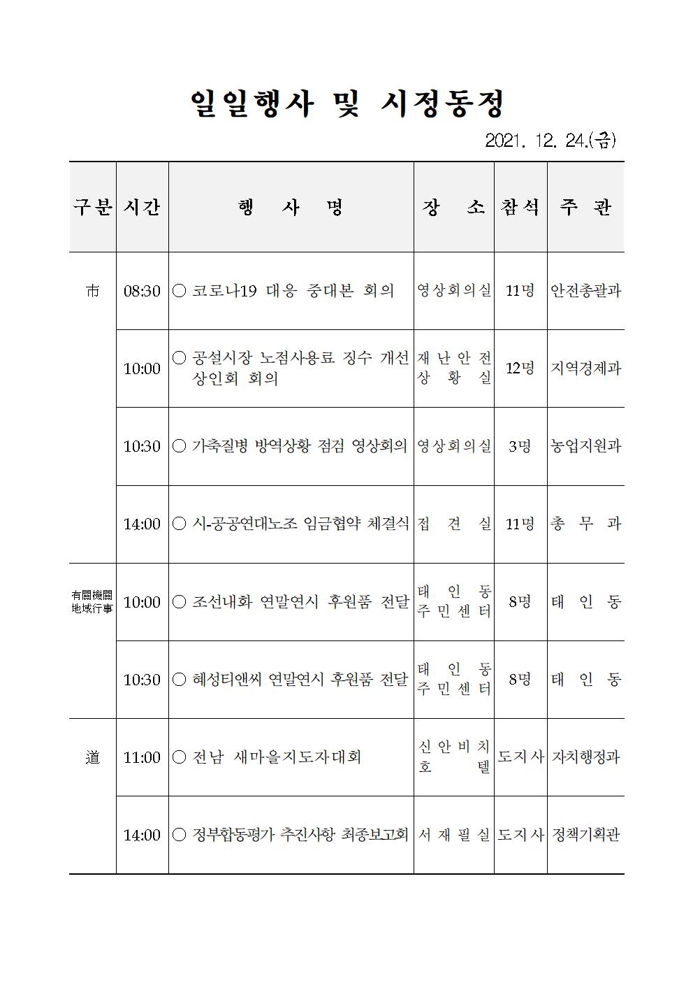 일일행사[2021년 12월 24일(금) 및 예정행사]