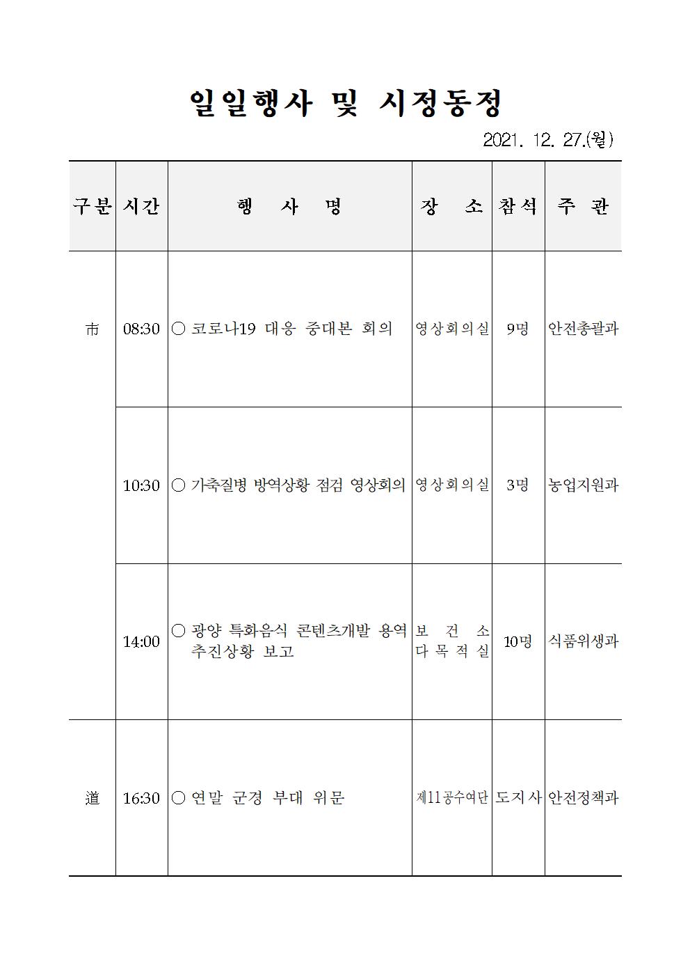 일일행사[2021년 12월 27일(월) 및 예정행사]