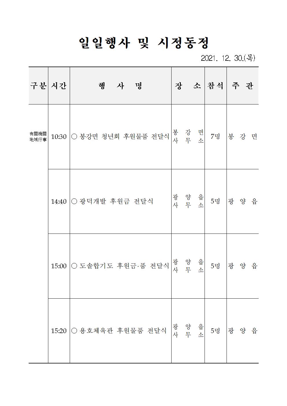 일일행사[2021년 12월 30일(목) 및 예정행사]