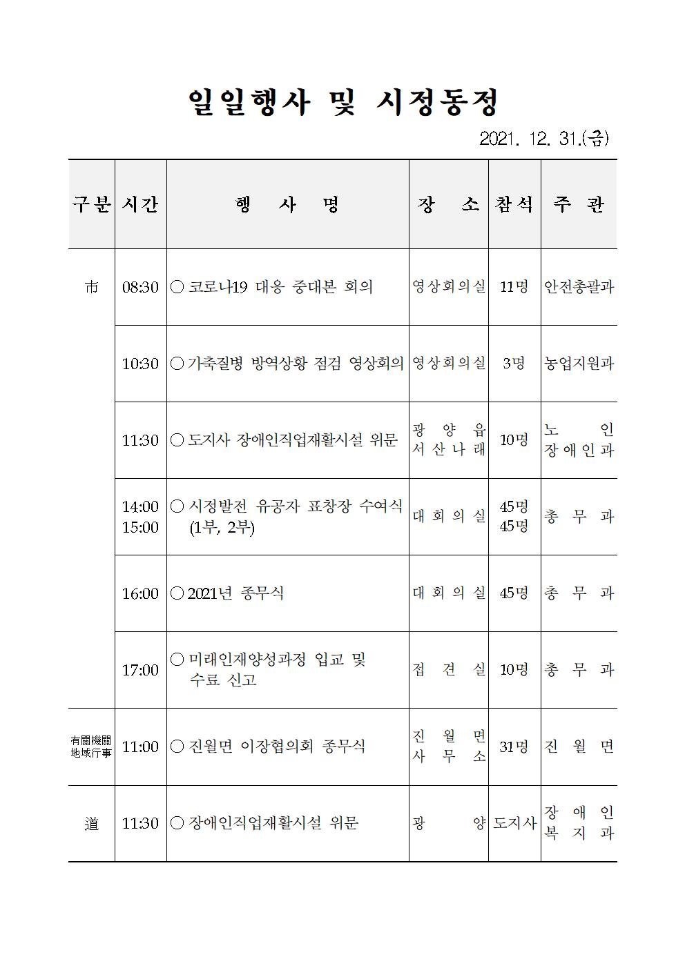 일일행사[2021년 12월 31일(금) 및 예정행사]