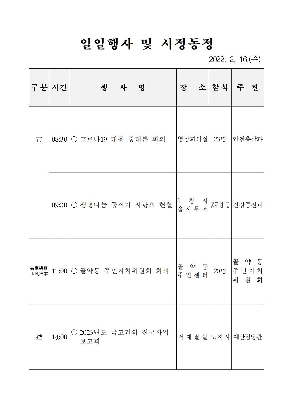 일일행사[2022년 2월 16일(수) 및 예정행사]