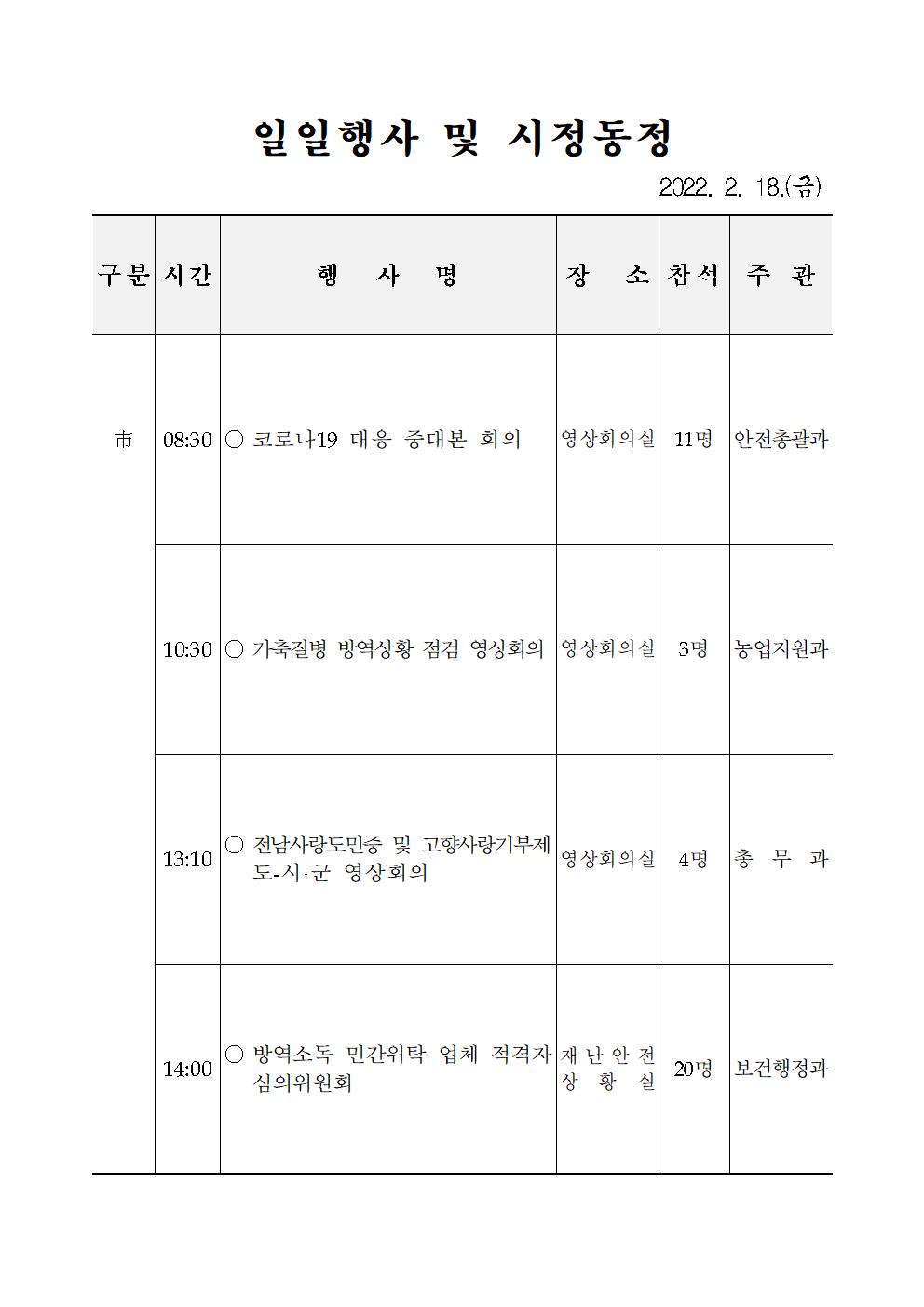 일일행사[2022년 2월 18일(금) 및 예정행사]