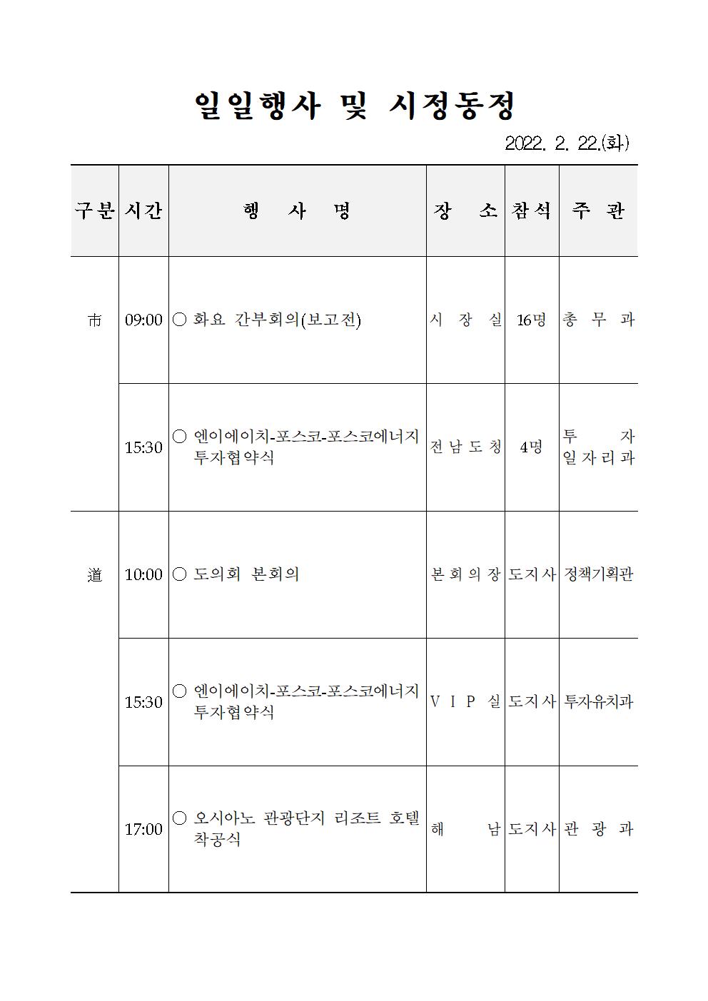 일일행사[2022년 2월 22일(화) 및 예정행사]