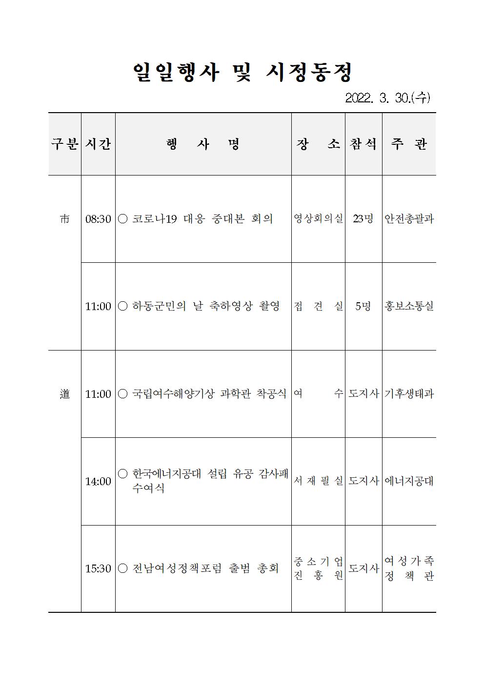 일일행사[2022년 3월 30일(수) 및 예정행사]