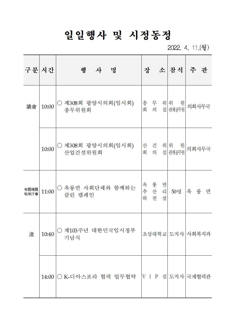 일일행사[2022년 4월 11일(월) 및 예정행사]