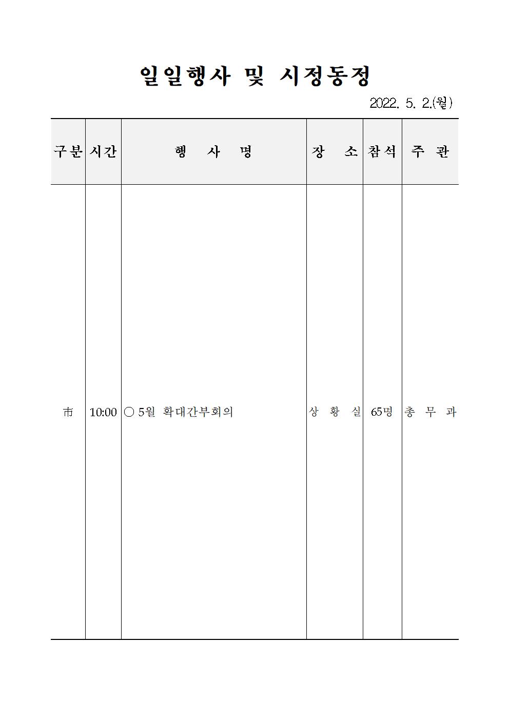 일일행사[2022년 5월 2일(월) 및 예정행사]