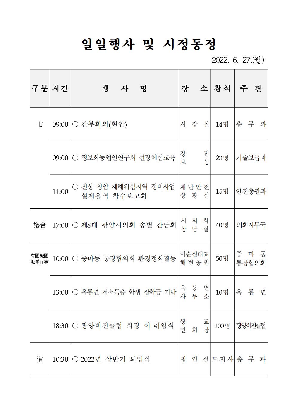 일일행사[2022년 6월 27일(월) 및 예정행사]