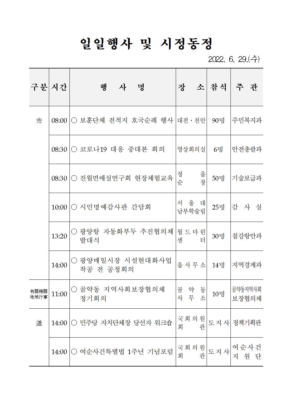 일일행사[2022년 6월 29일(수) 및 예정행사]