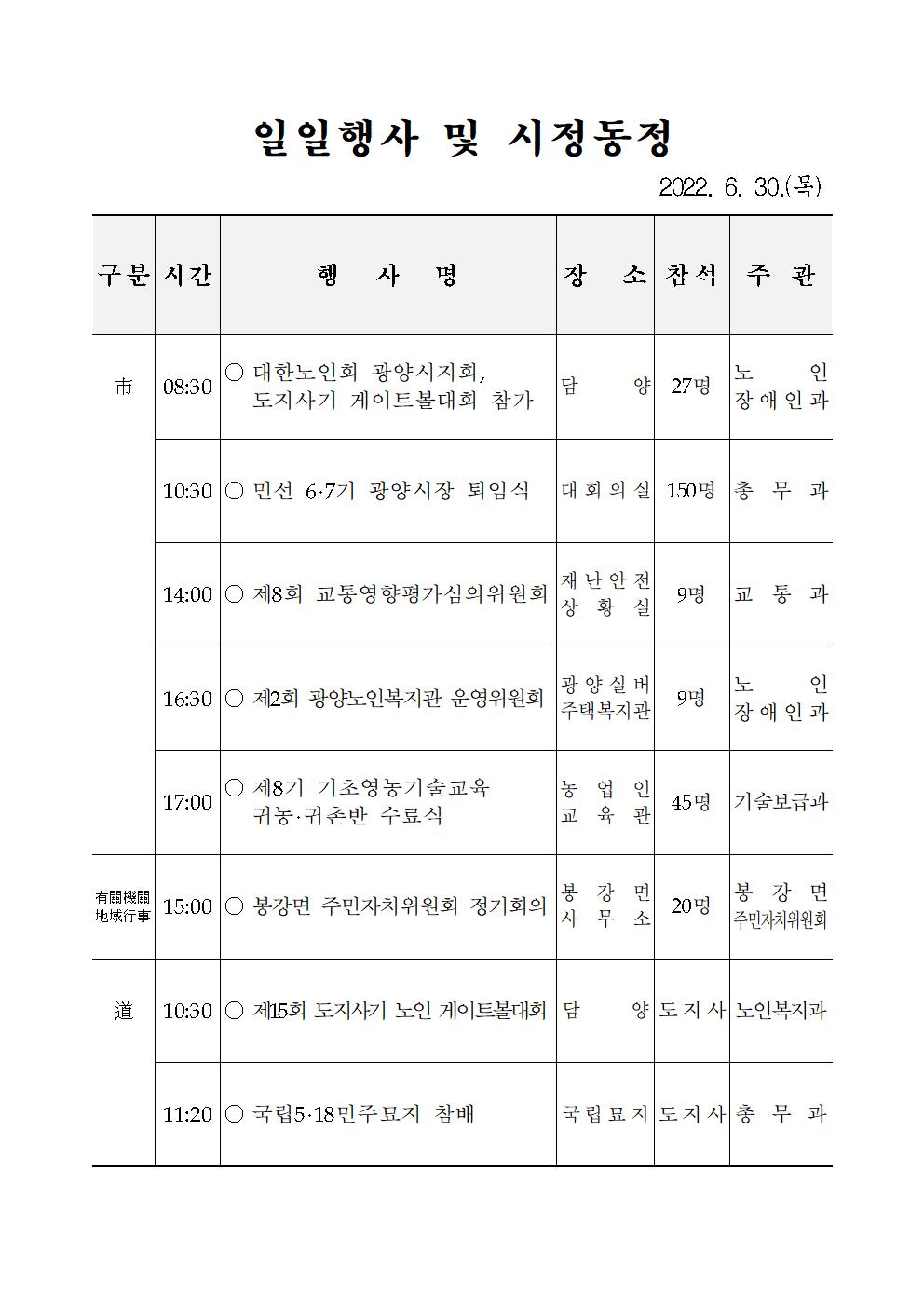 일일행사[2022년 6월 30일(목) 및 예정행사]