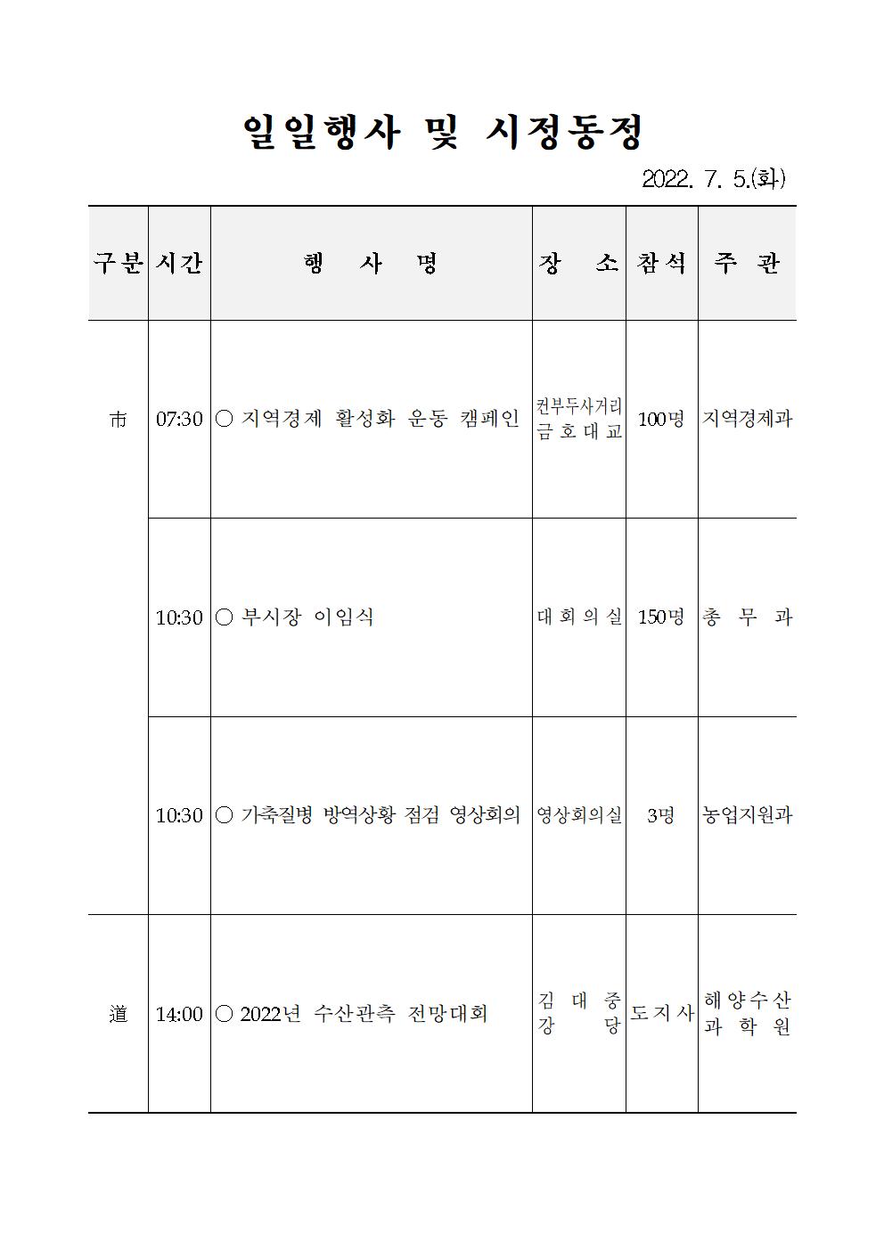 일일행사[2022년 7월 5일(화) 및 예정행사]