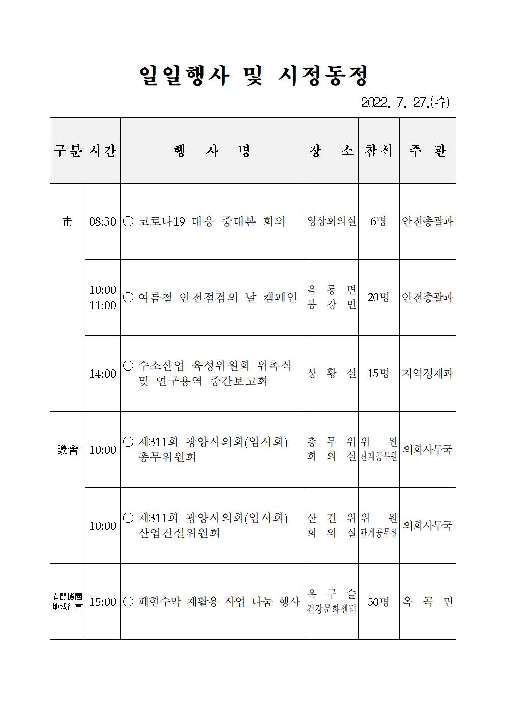 일일행사[2022년 7월 27일(수) 및 예정행사]