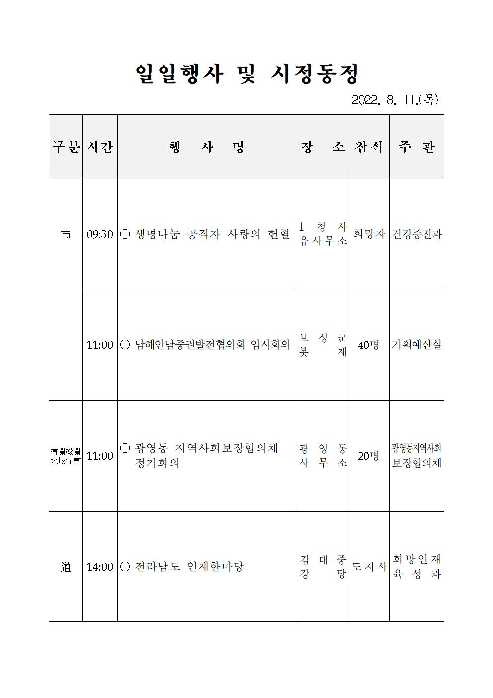 일일행사[2022년 8월 11일(목) 및 예정행사]