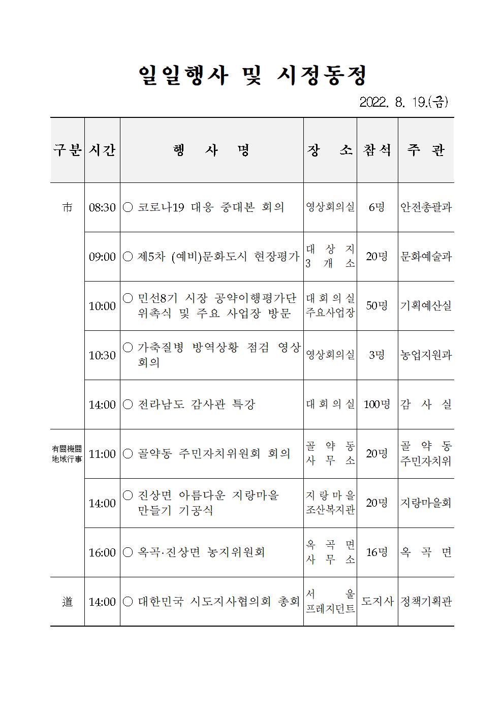 일일행사[2022년 8월 19일(금) 및 예정행사] 