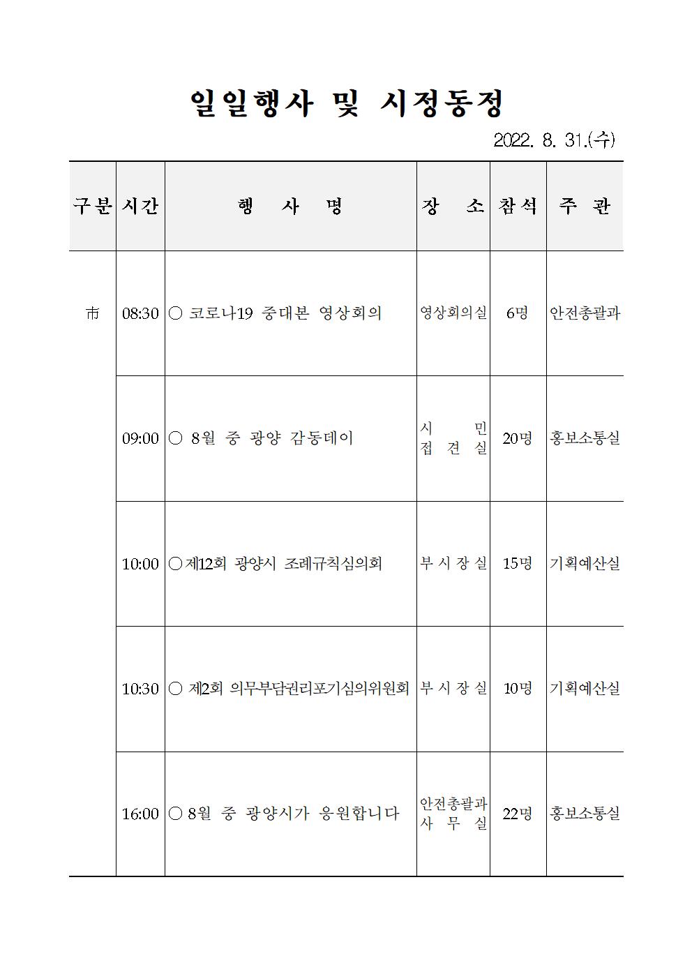 일일행사[2022년 8월 31일(수) 및 예정행사]  