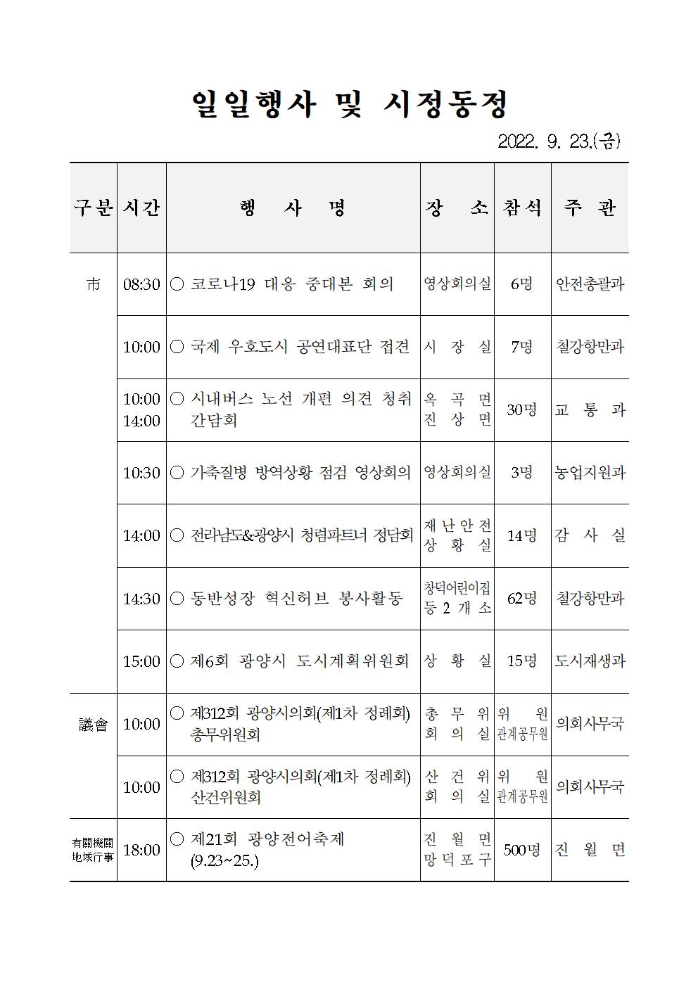 일일행사[2022년 9월 23일(금) 및 예정행사]  