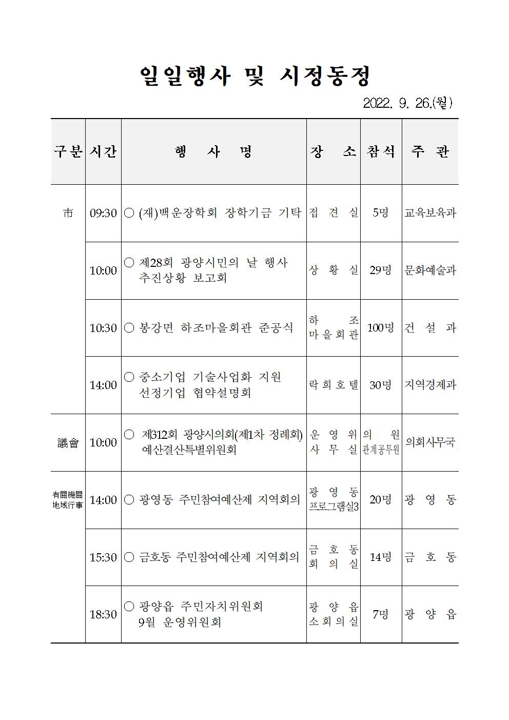 일일행사[2022년 9월 26일(월) 및 예정행사]  