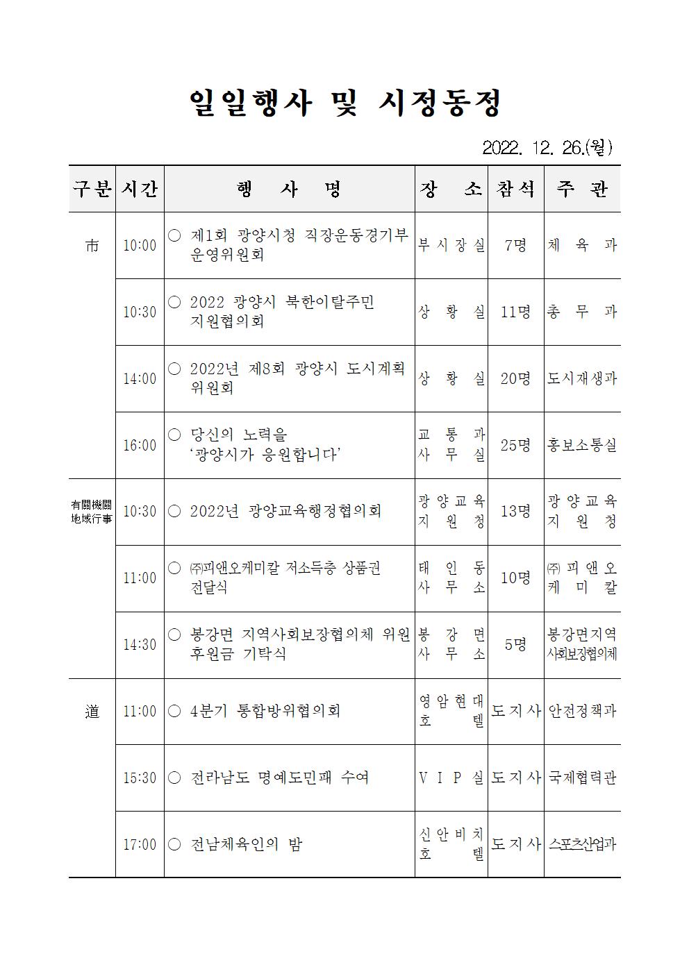 일일행사[2022년 12월 26일(월) 및 예정행사]  